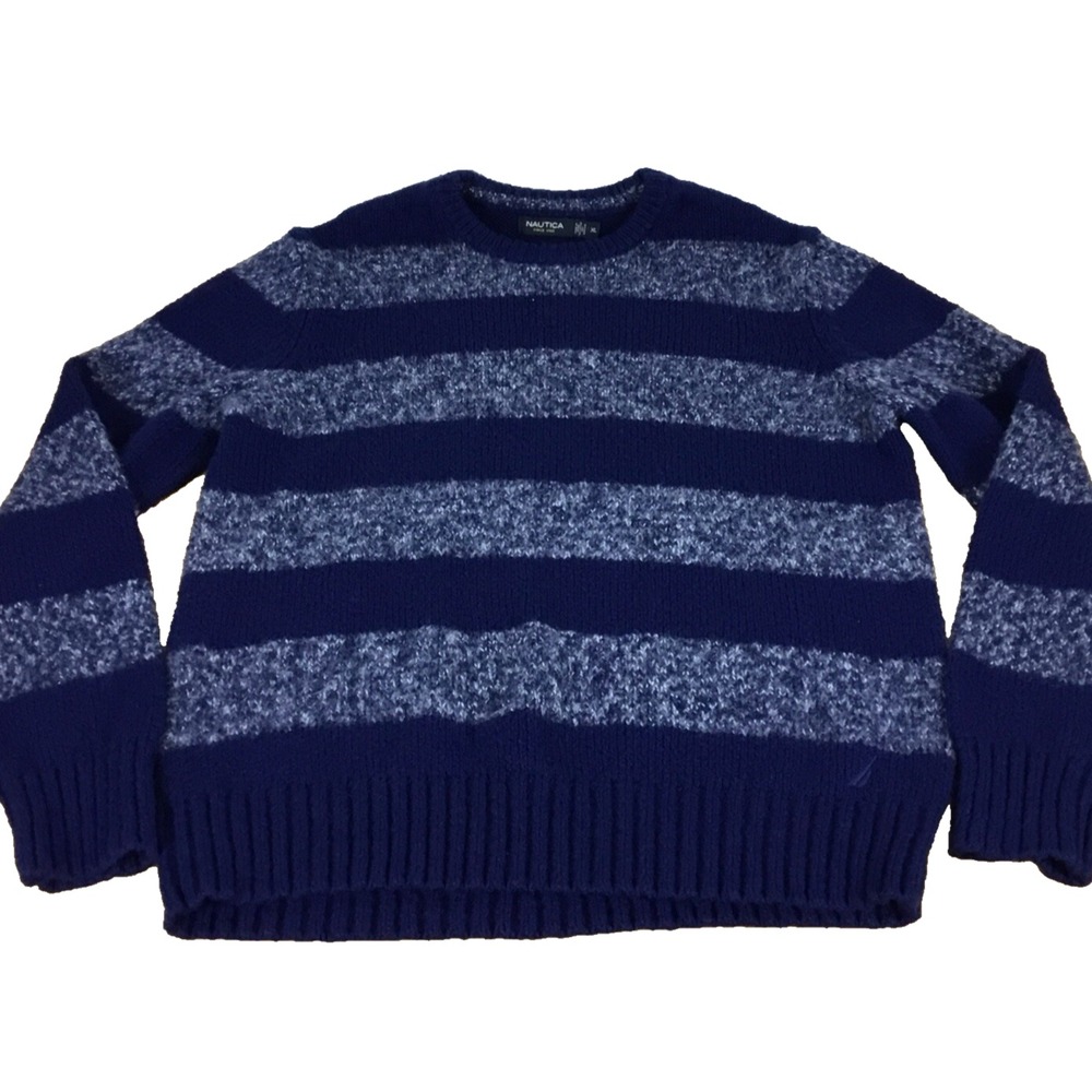 Nautica Mens XL Blue Striped Crewneck Sweater Cotton Blend Chunky‎ Knit Ribbed